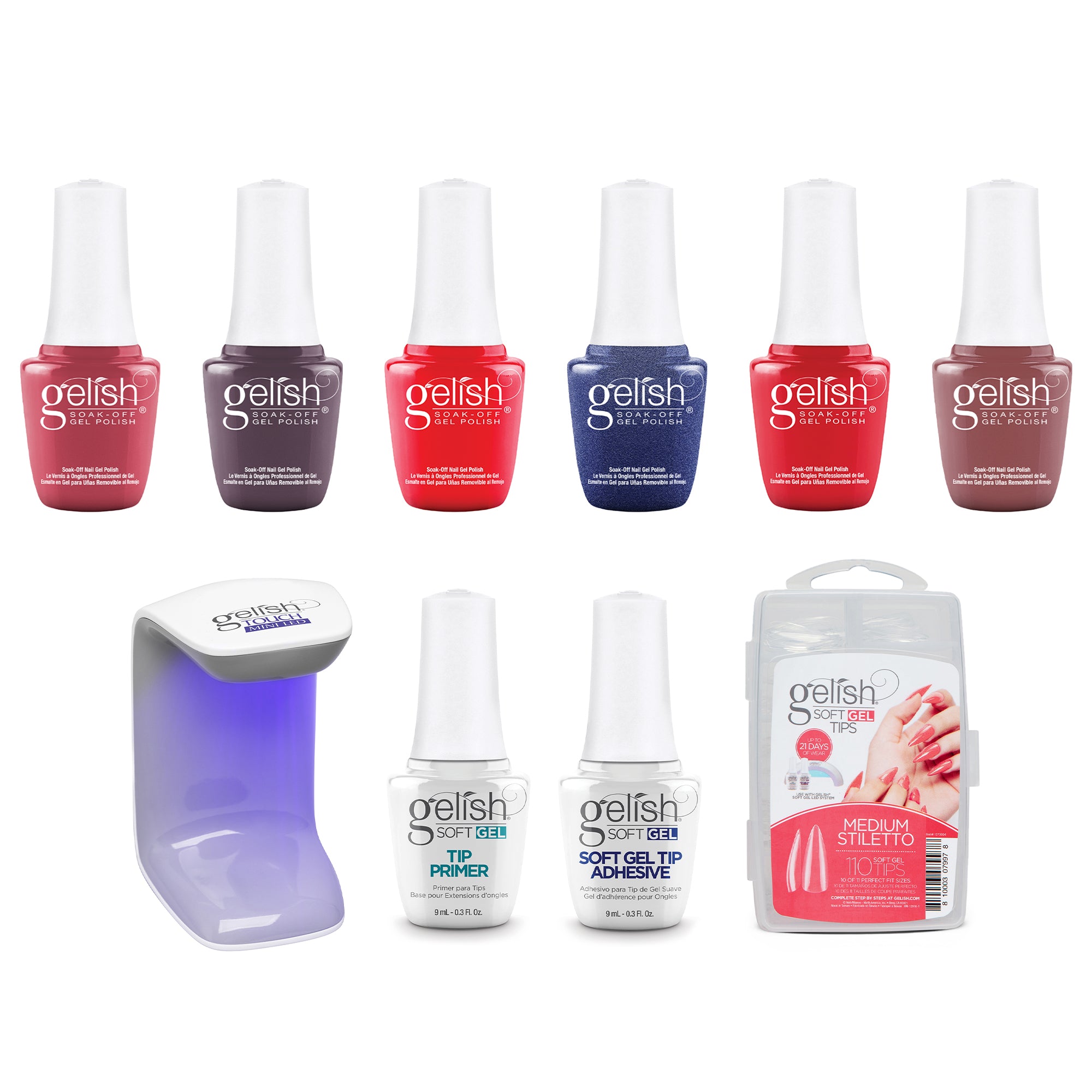 Gelish Midnight Caller Gel Nail Polish Set w/ 110 Stiletto Tips Kit & LED Light - VMInnovations