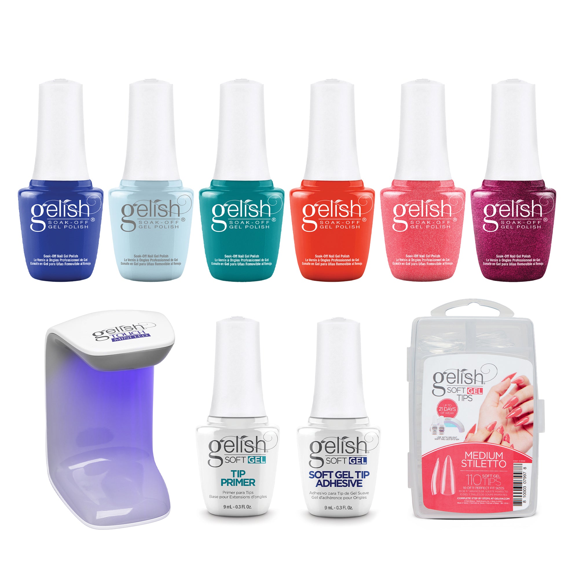Gelish Mini Makin' A Splash Gel Nail Polish w/ 110 Stiletto Tips Kit & LED Light - VMInnovations