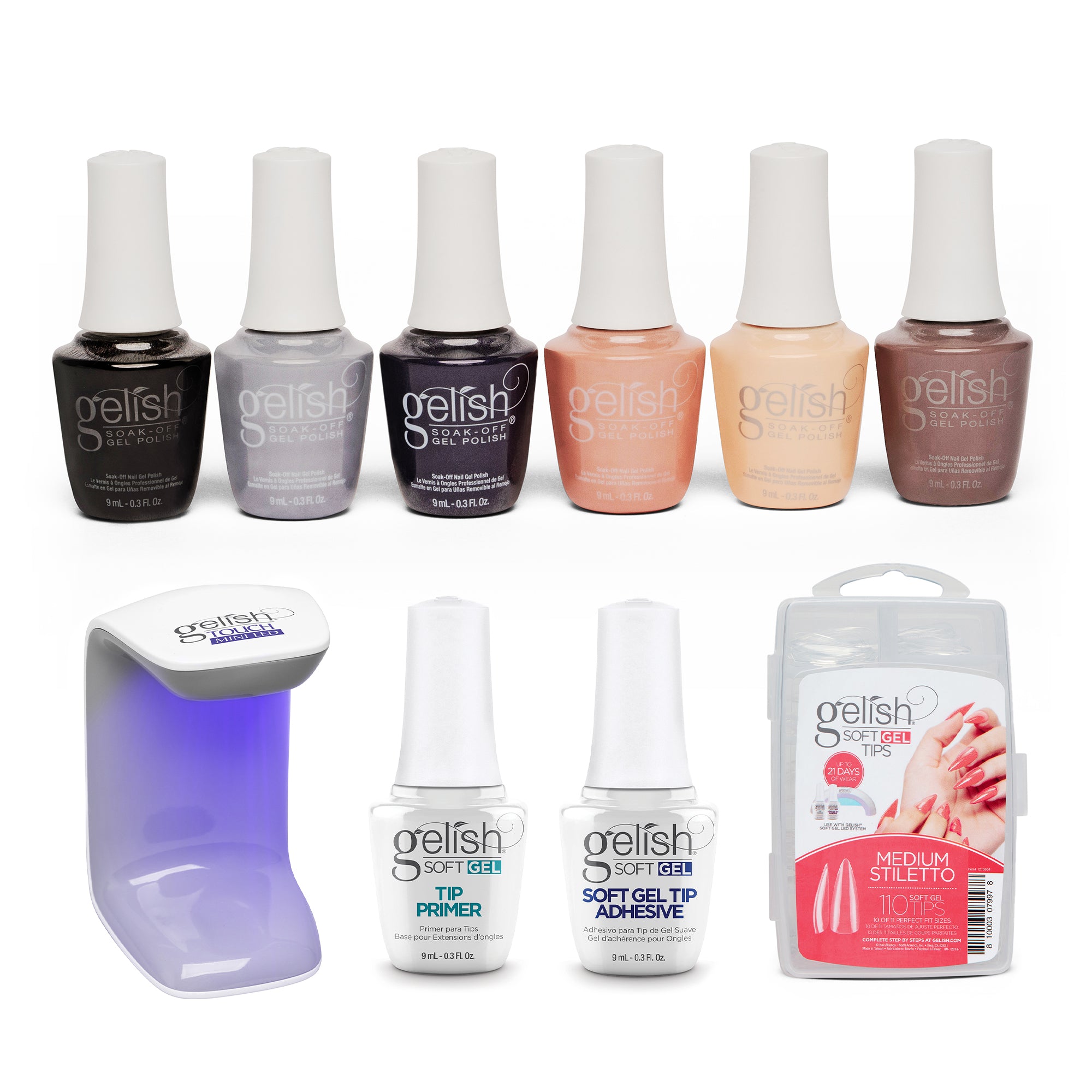 Gelish Mini Neutral Gel Nail Polish Set w/ 110 Stiletto Tips Kit & LED Light - VMInnovations