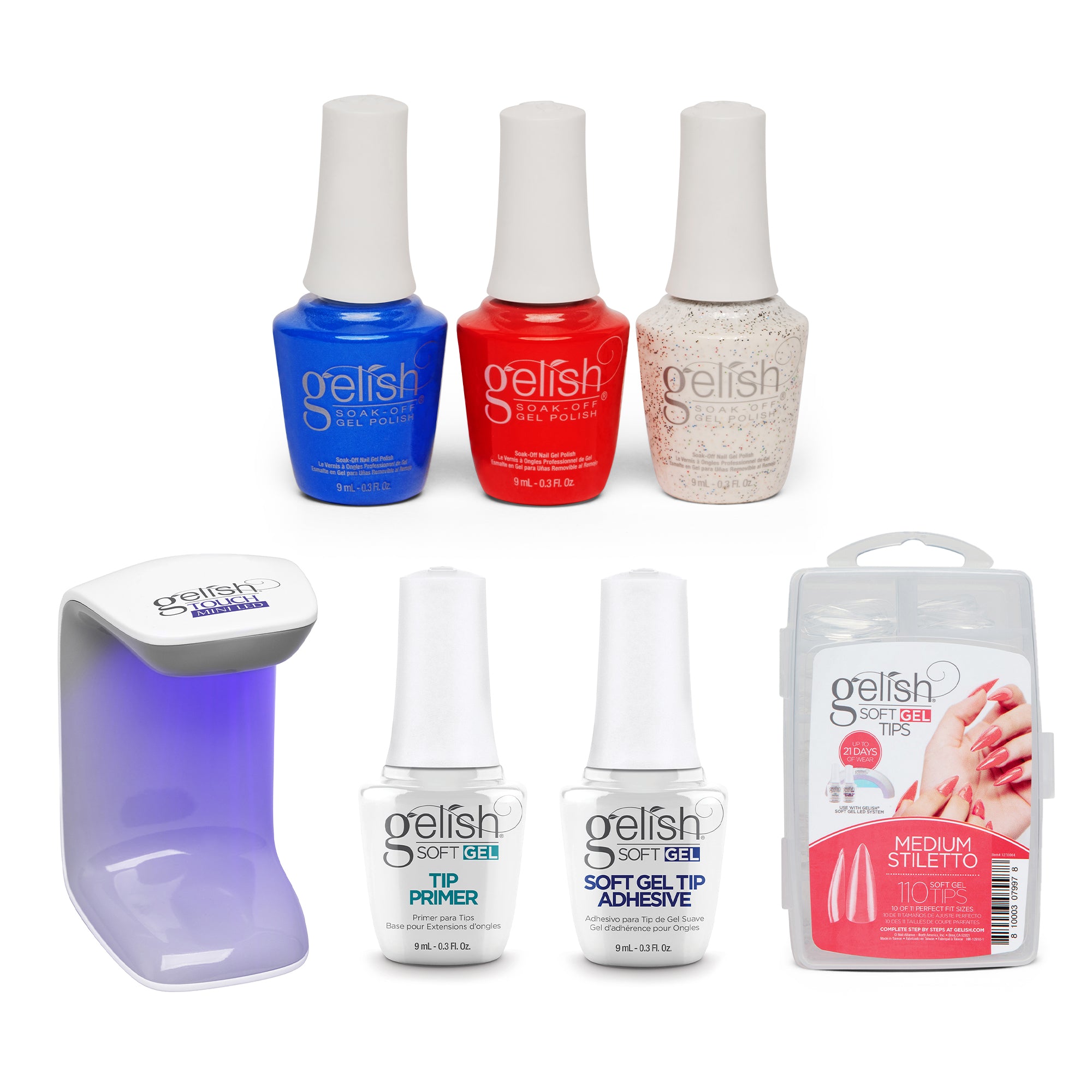 Gelish Mini Americana Gel Nail Polish Set w/ 110 Stiletto Tips Kit & LED Light - VMInnovations