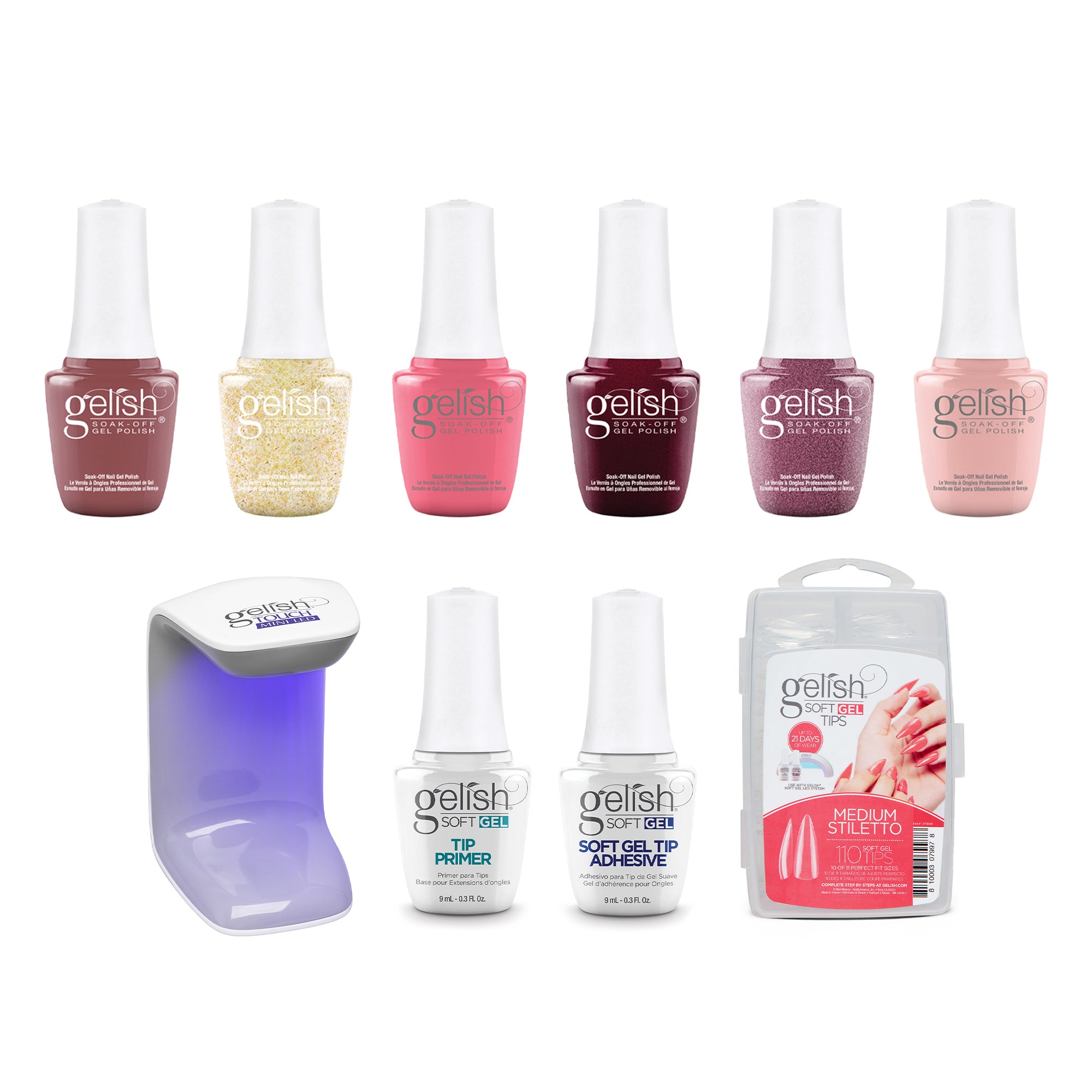 Gelish Mini Passion Gel Polish, 6 Pack & 110 Count Medium Stiletto Kit w/ Light - VMInnovations