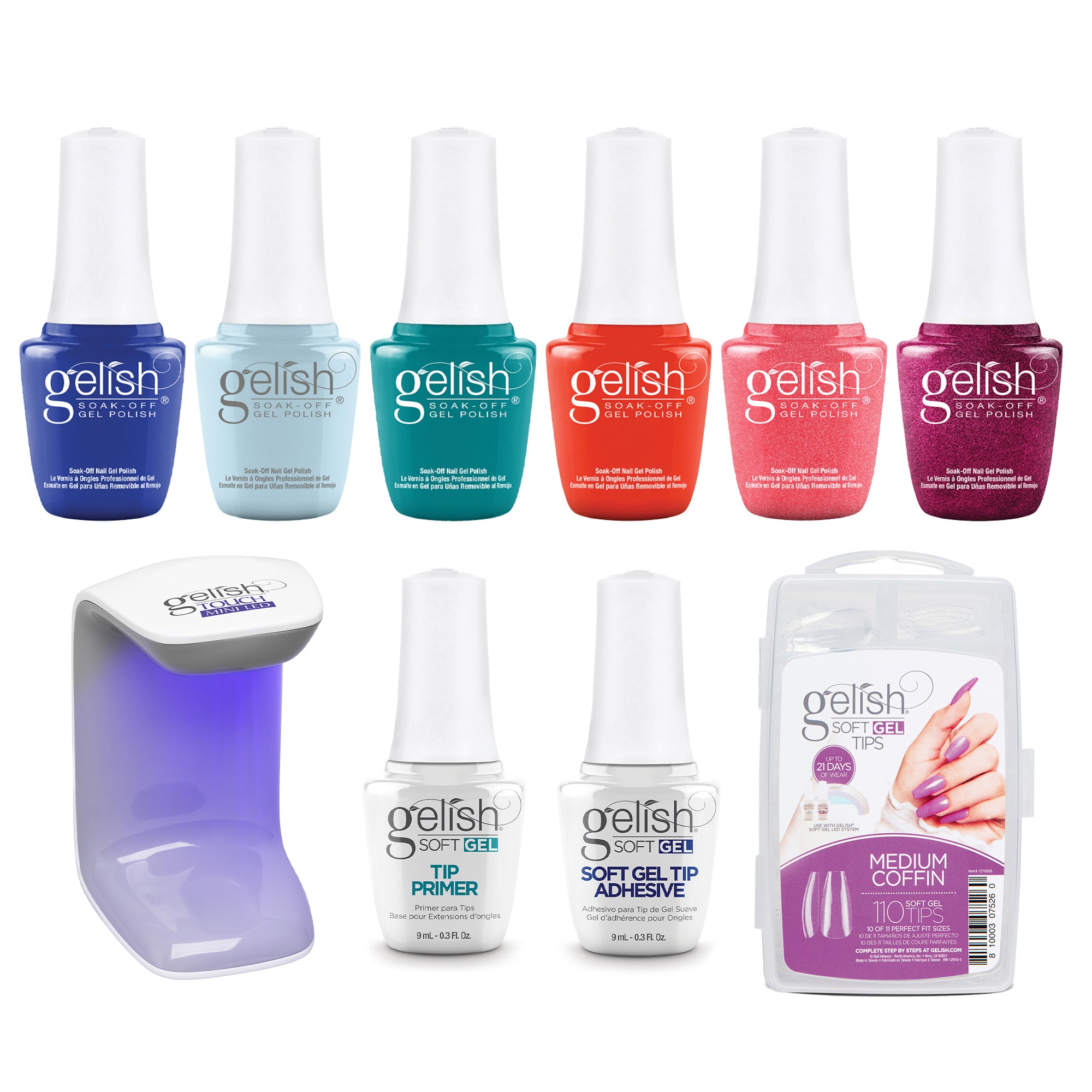 Gelish Makin' A Splash Summer Gel Polish, 6 Pack and 110 Count Medium Coffin Kit