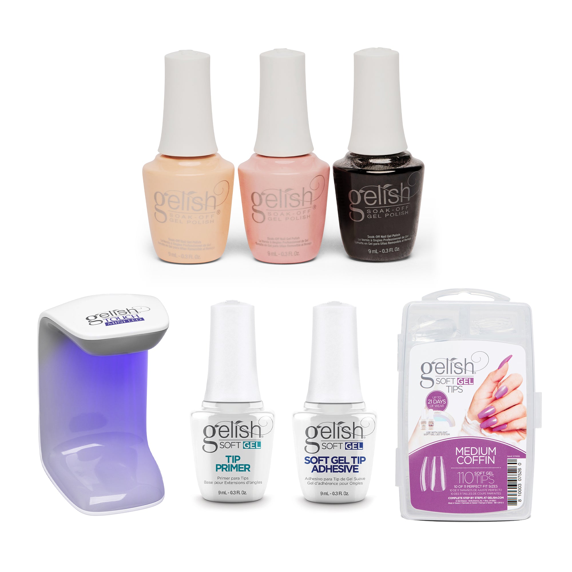 Gelish Mini Core Classic Pack Gel Polish, 3 Pack and 110 Count Medium Coffin Kit