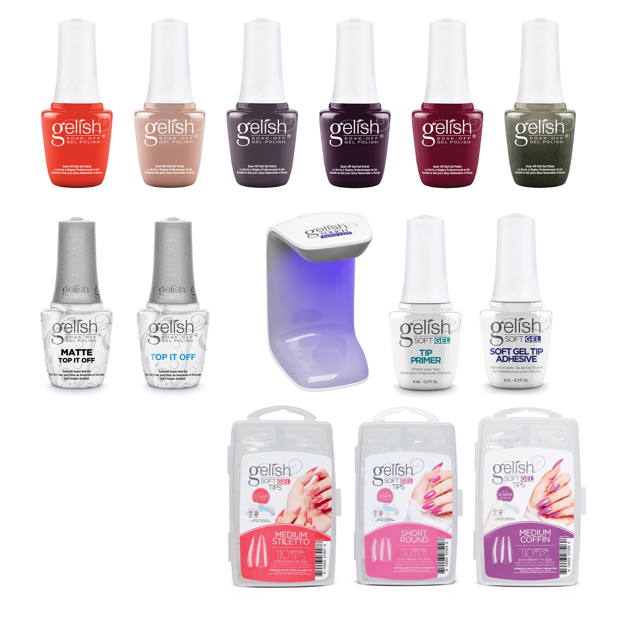 Gelish Mini Rendezvous Gel Polish, 6 Pack, 330 Count Nail Tip Kit, & Clear Coat