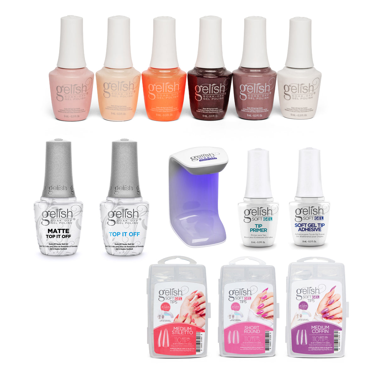 Gelish Best Sellers Collection Gel Polish, 330 Count Nail Tip Kit, & Clear Coat