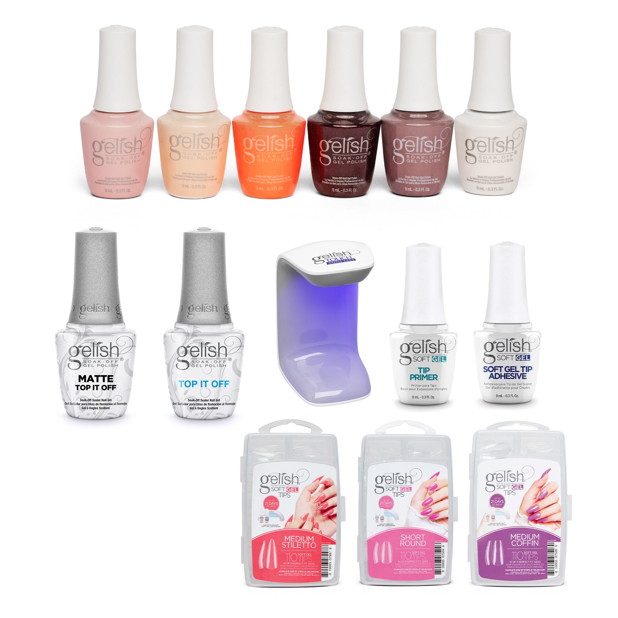 Gelish Best Sellers Collection Gel Polish, 330 Count Nail Tip Kit, & Clear Coat