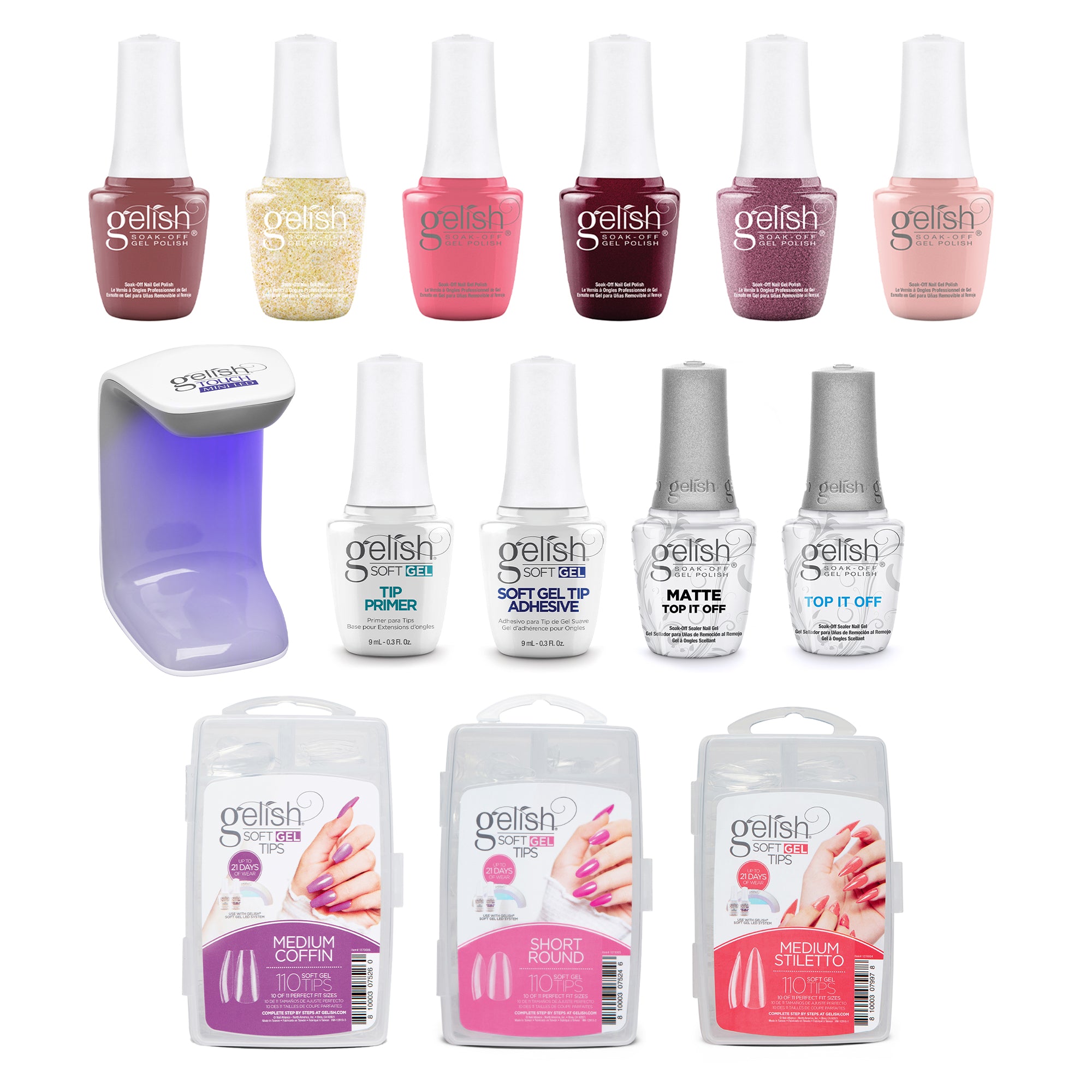 Gelish Midnight Caller Gel Polish, 6 Pack, 330 Count Nail Tip Kit, & Clear Coat