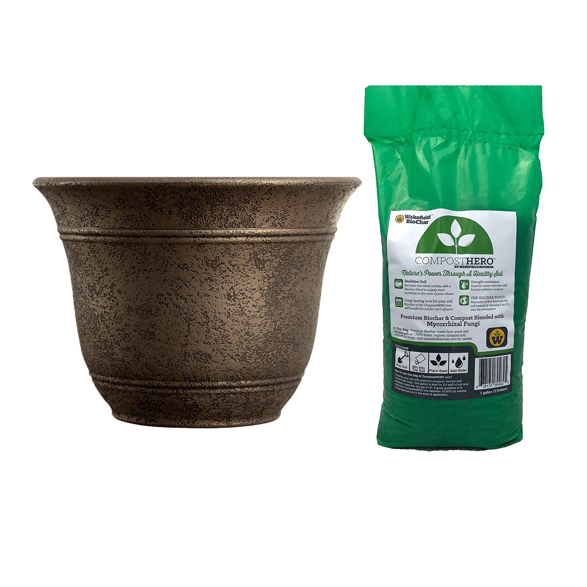 HC Companies 13 Inch Sierra Bronze Planter & Wakefield HERO 1gal Biochar Compost