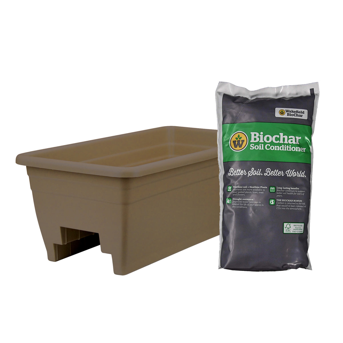 HC Companies 12in Railing Planter, Chocolate & Wakefield 1gal Soil Conditioner