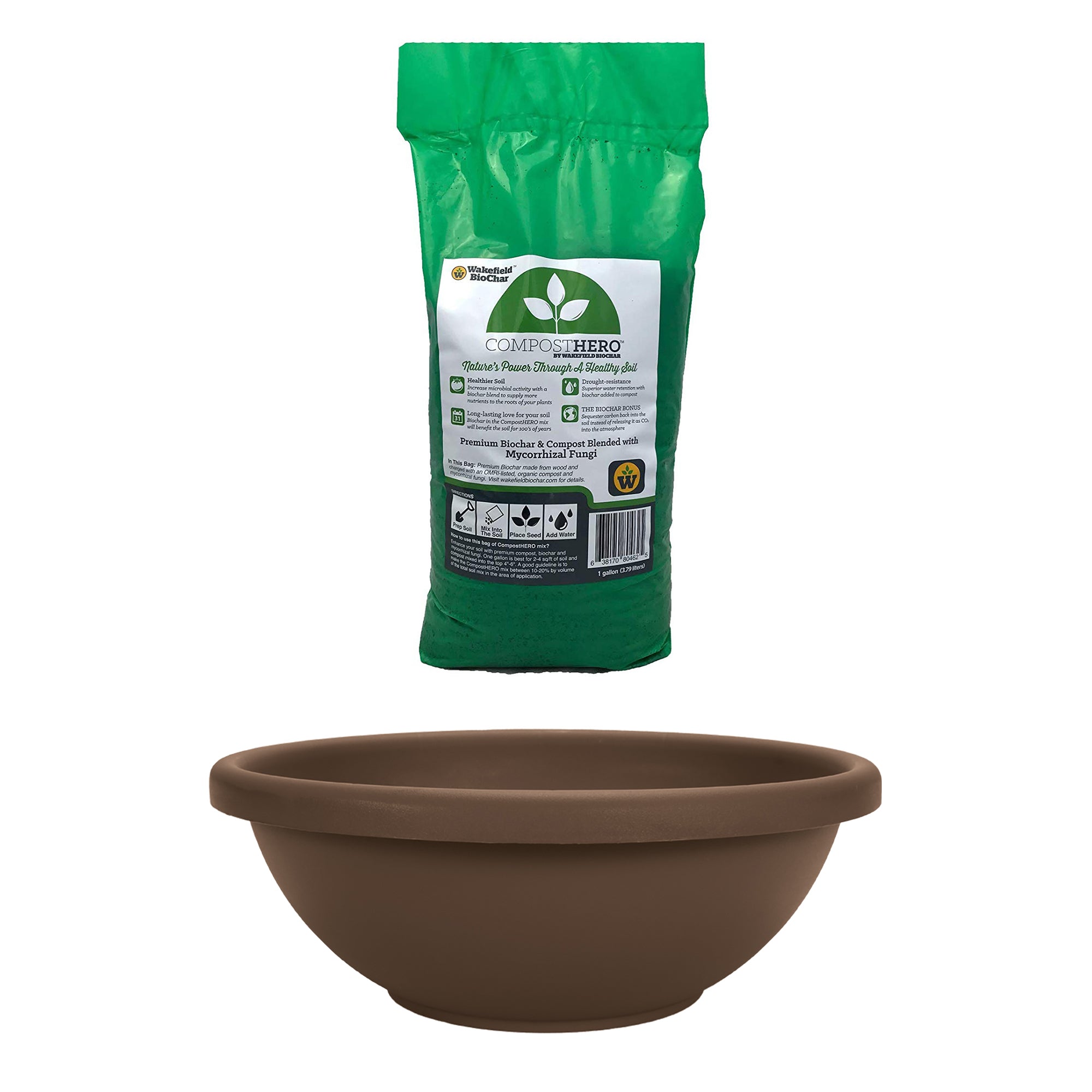 HC Companies 14in Classic Round Planter, Chocolate & Wakefield HERO 1gal Compost - VMInnovations