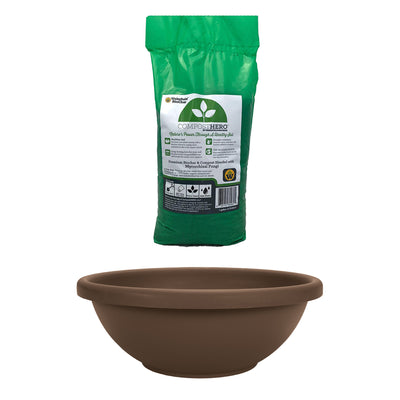 HC Companies 14in Classic Round Planter, Chocolate & Wakefield HERO 1gal Compost - VMInnovations