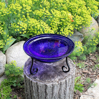 Achla Designs Hand Blown Crackle Glass Garden Birdbath with Stand, Cobalt Blue