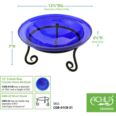 Achla Designs Hand Blown Crackle Glass Garden Birdbath with Stand, Cobalt Blue