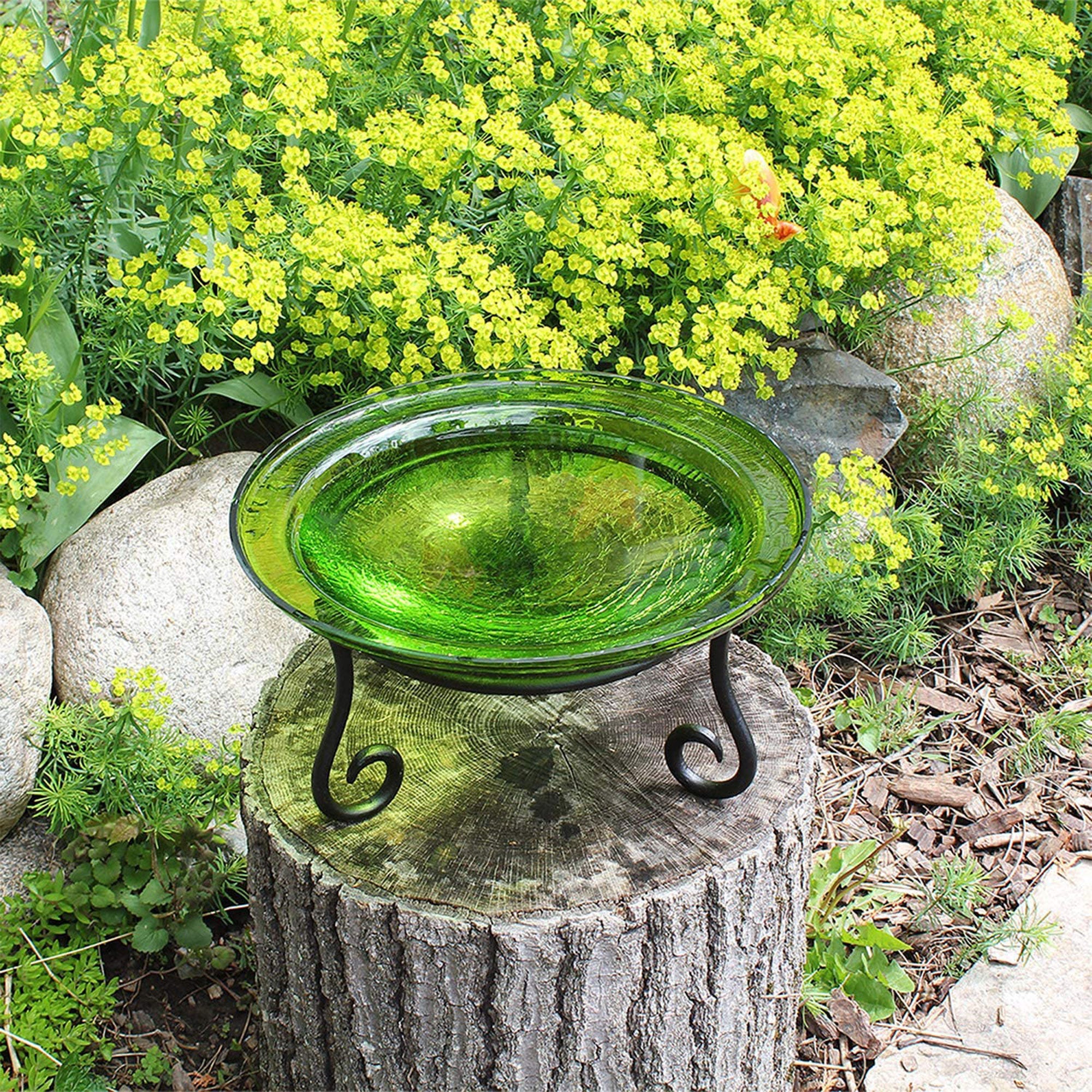 Achla Designs 12 In Crackle Glass Bowl and Birdbath Decoration w/ Stand, Green