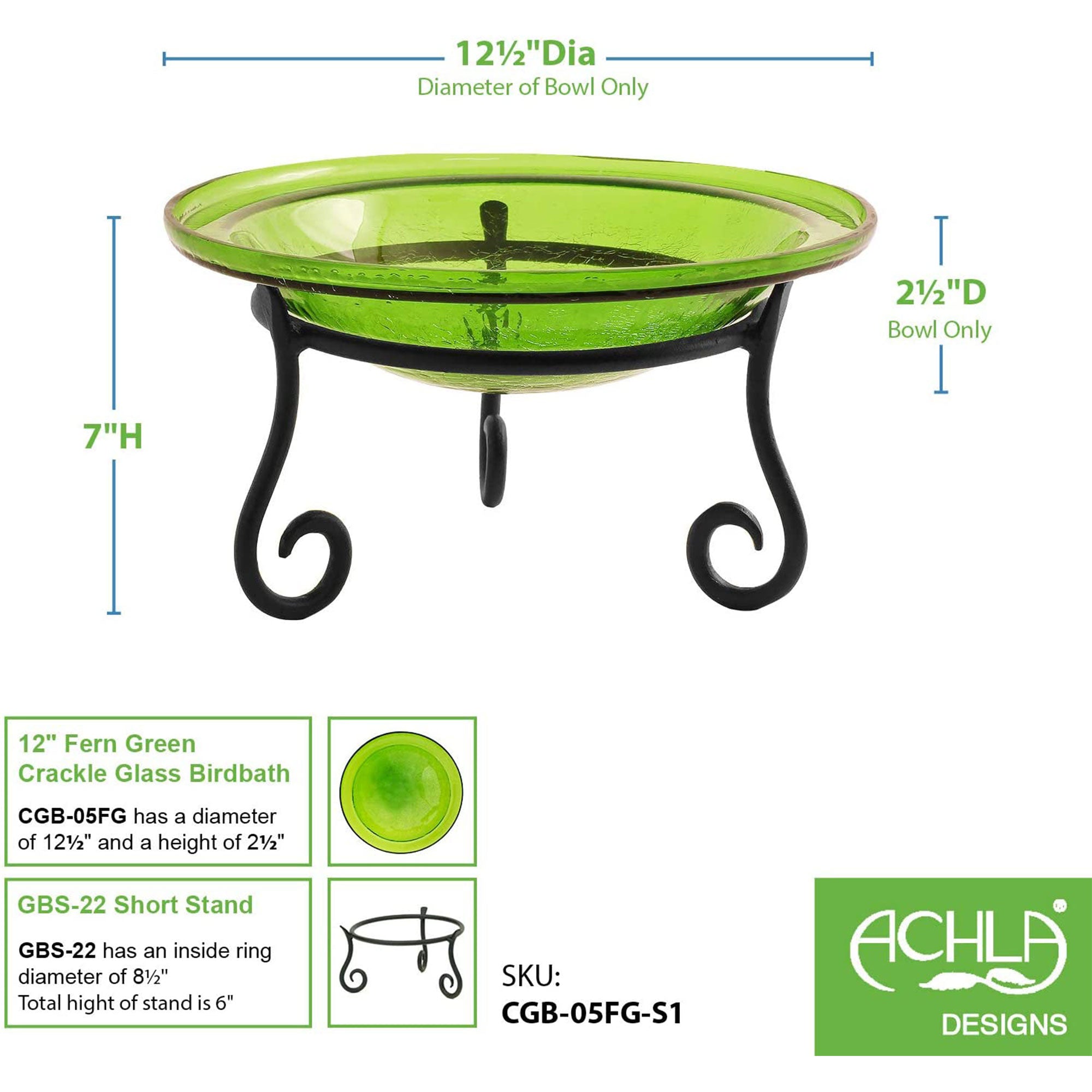 Achla Designs 12 In Crackle Glass Bowl and Birdbath Decoration w/ Stand, Green