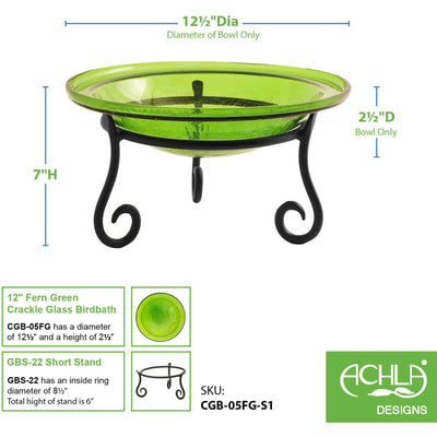 Achla Designs 12 In Crackle Glass Bowl and Birdbath Decoration w/ Stand, Green