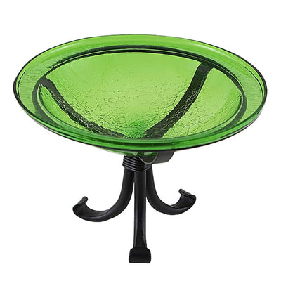 Achla Designs Hand Blown Crackle Glass Garden Birdbath with Tripod Stand, Green - VMInnovations
