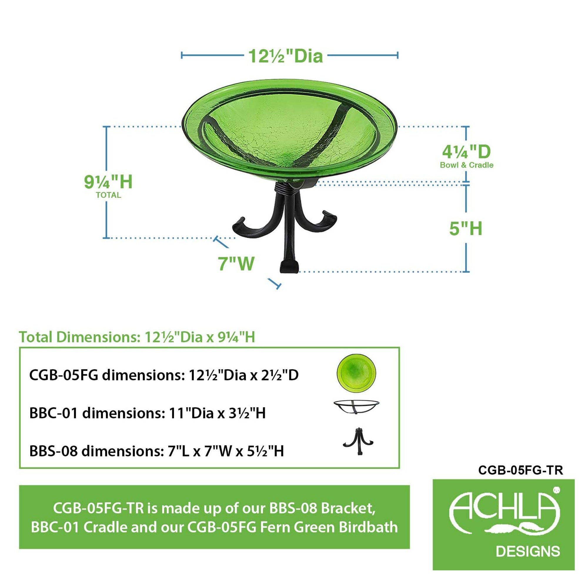 Achla Designs Hand Blown Crackle Glass Garden Birdbath with Tripod Stand, Green - VMInnovations