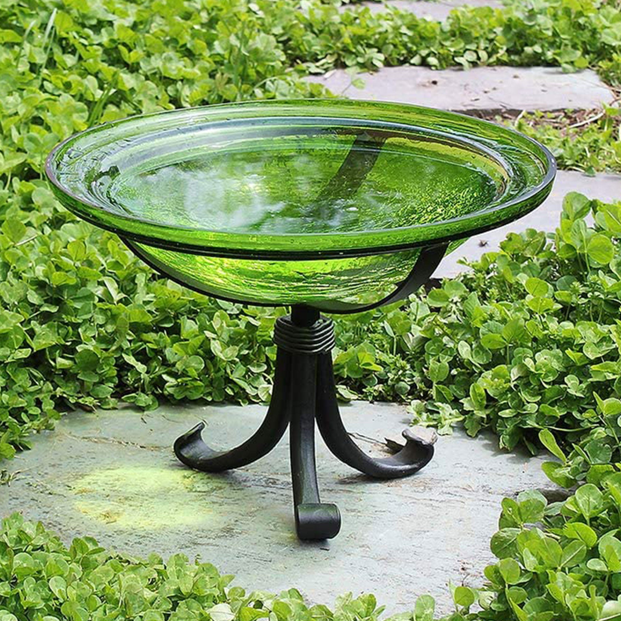 Achla Designs Hand Blown Crackle Glass Garden Birdbath with Tripod Stand, Green - VMInnovations
