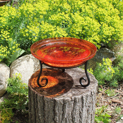 Achla Designs 12 In Crackle Glass Bowl & Birdbath Decoration w/ Stand, Mandarin