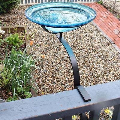 Achla Designs 12 Inch Rail Mount Crackle Glass Bowl and Birdbath, Teal Blue