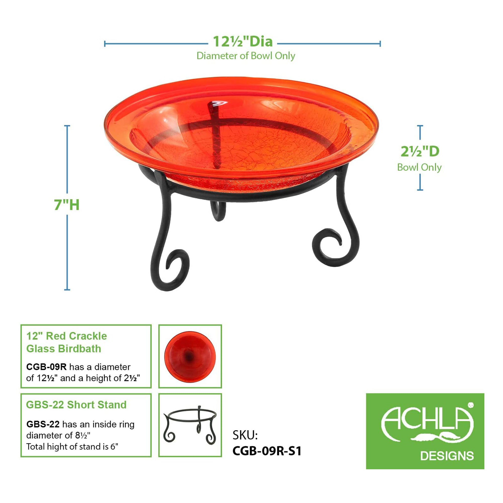 Achla Designs Hand Blown Crackle Glass Garden Birdbath with Stand, Tomato Red - VMInnovations