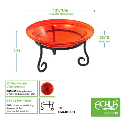 Achla Designs Hand Blown Crackle Glass Garden Birdbath with Stand, Tomato Red - VMInnovations