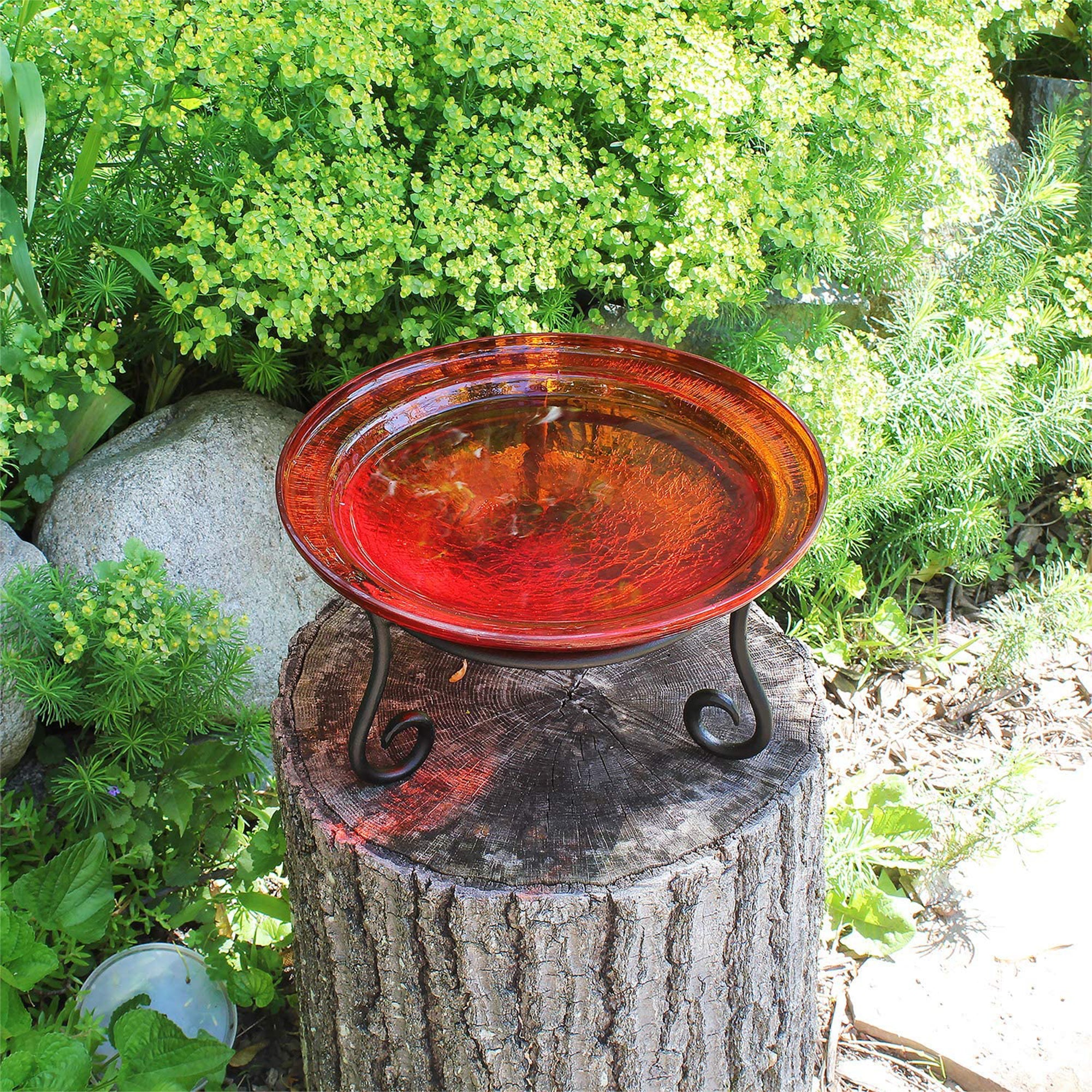 Achla Designs Hand Blown Crackle Glass Garden Birdbath with Stand, Tomato Red - VMInnovations