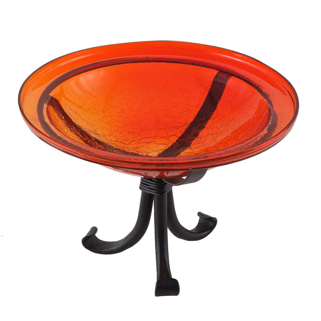 Achla Designs Hand Blown Crackle Glass Garden Birdbath w/Tripod Stand, Red(Used)