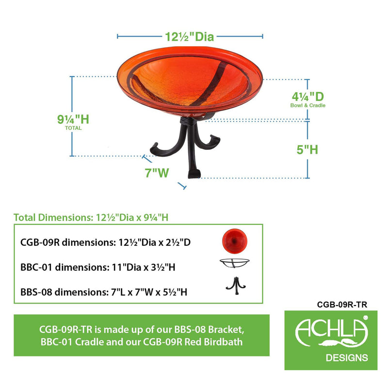 Achla Designs Hand Blown Crackle Glass Garden Birdbath w/Tripod Stand, Red(Used)