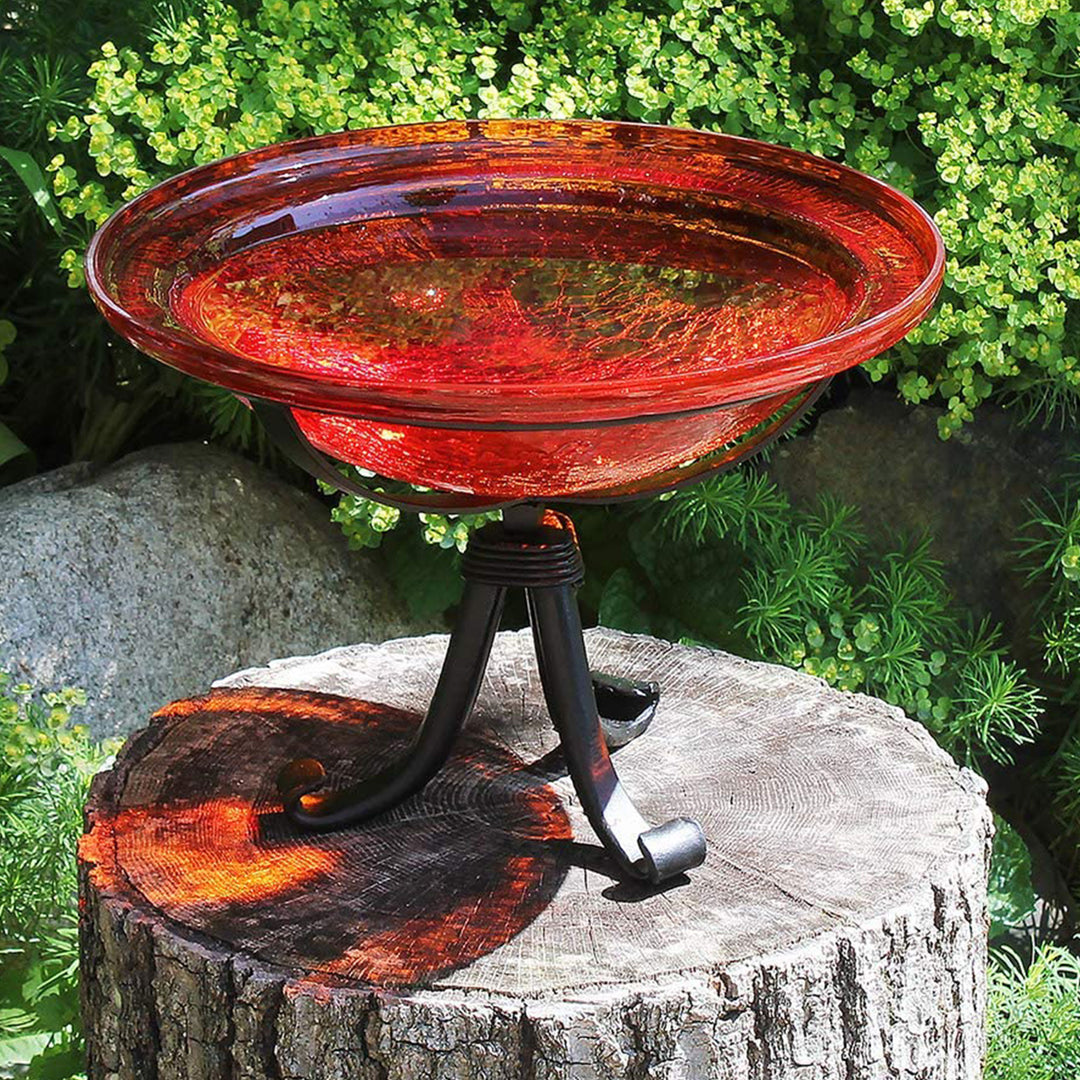 Achla Designs Hand Blown Crackle Glass Garden Birdbath w/Tripod Stand, Red(Used)