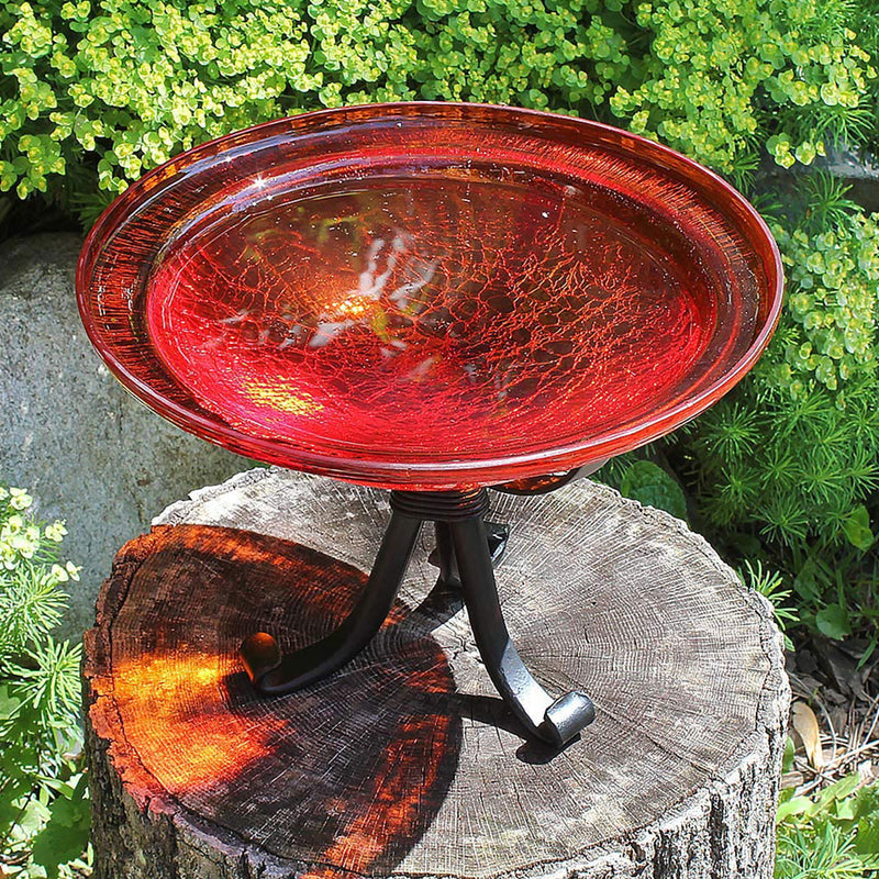 Achla Designs Hand Blown Crackle Glass Garden Birdbath w/Tripod Stand, Red(Used)