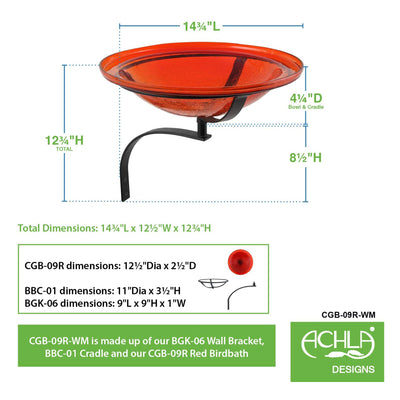 Achla Hand Blown Crackle Glass Birdbath w/ Wall Mount, Tomato Red (Open Box)