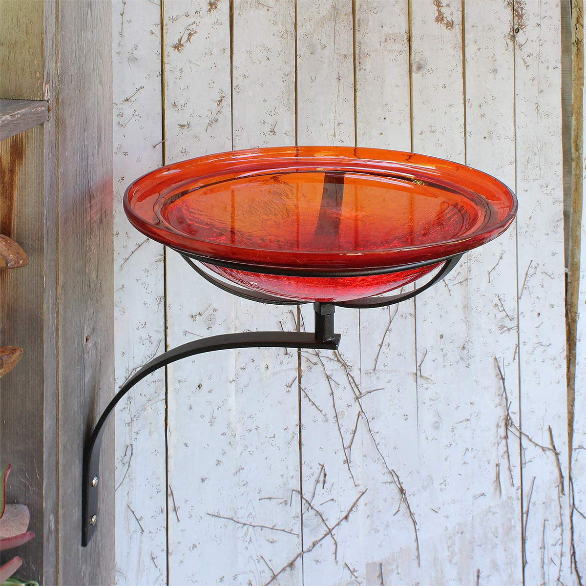 Achla Hand Blown Crackle Glass Birdbath w/ Wall Mount, Tomato Red (Open Box)