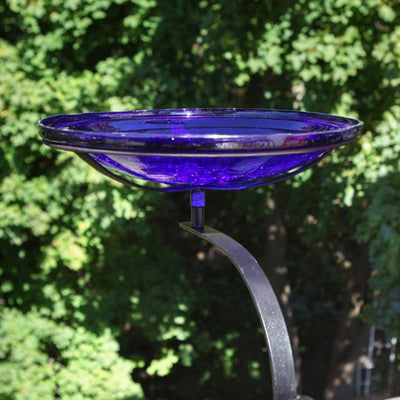 Achla Designs 14 In Crackle Glass Birdbath Decoration w/ Rail Mount, Cobalt Blue