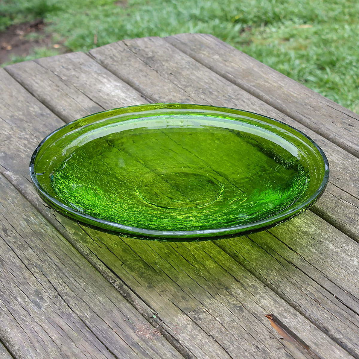 Achla Designs 14 Inch Crackle Glass Bowl and Birdbath Yard Decor, Fern Green