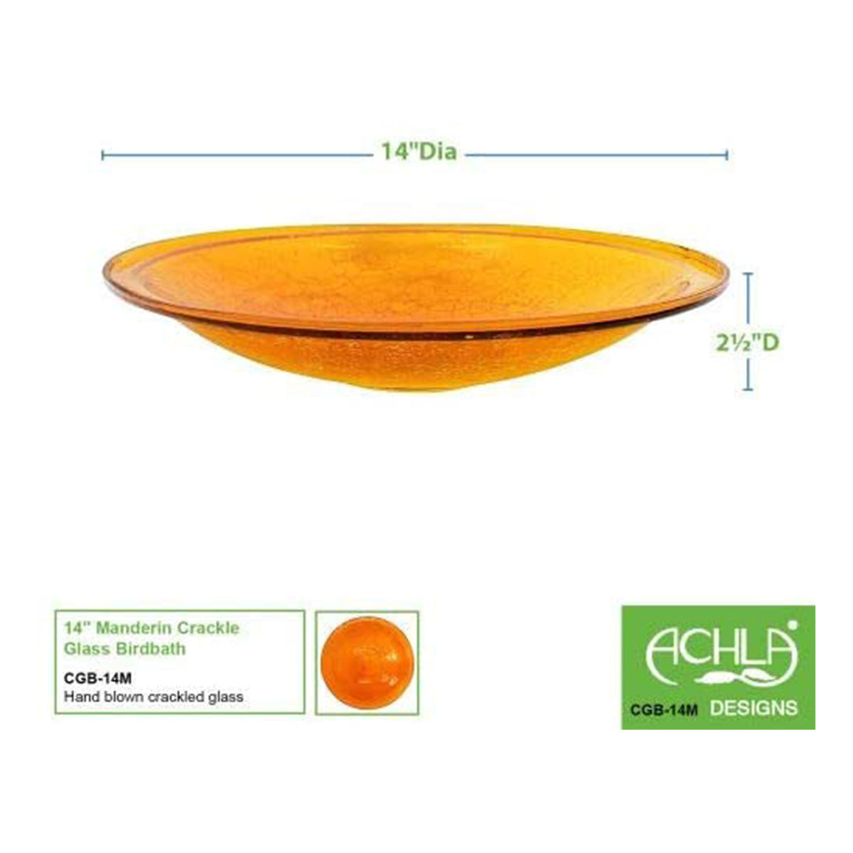 Achla Designs Hand Blown Glass Garden Birdbath with Miniature Stand, Mandarin