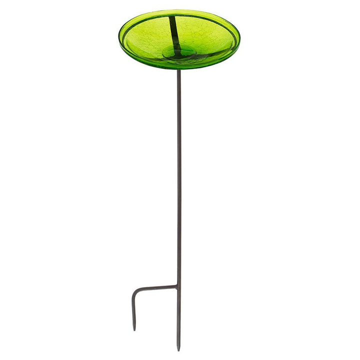 Achla Designs 14 Inch Hand Blown Crackle Glass Birdbath with Stake, Fern Green