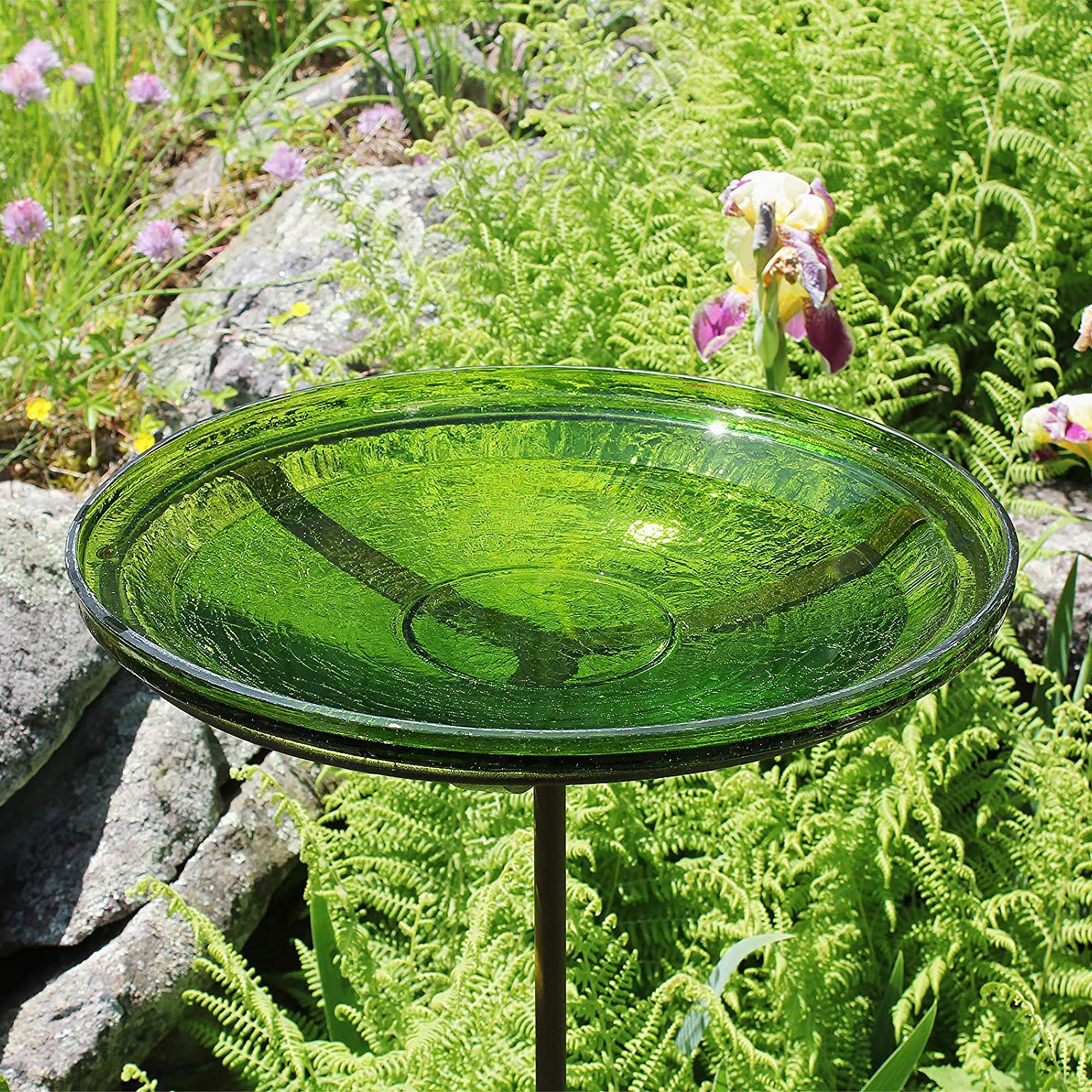 Achla Designs 14 Inch Hand Blown Crackle Glass Birdbath with Stake, Fern Green - VMInnovations