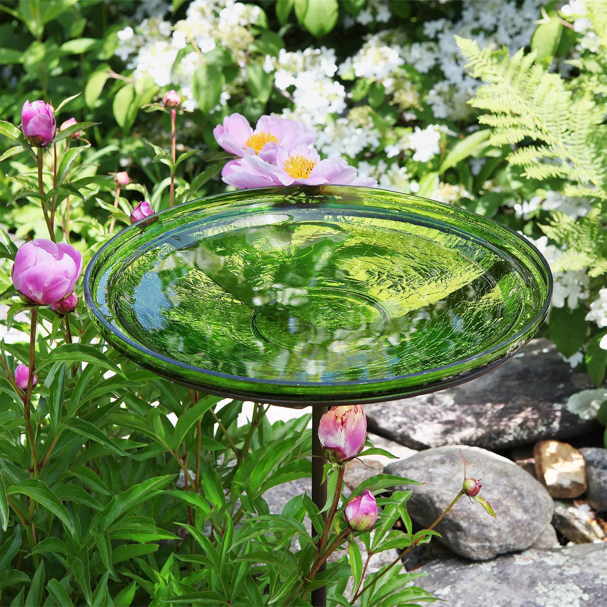 Achla Designs 14 Inch Hand Blown Crackle Glass Birdbath with Stake, Fern Green - VMInnovations