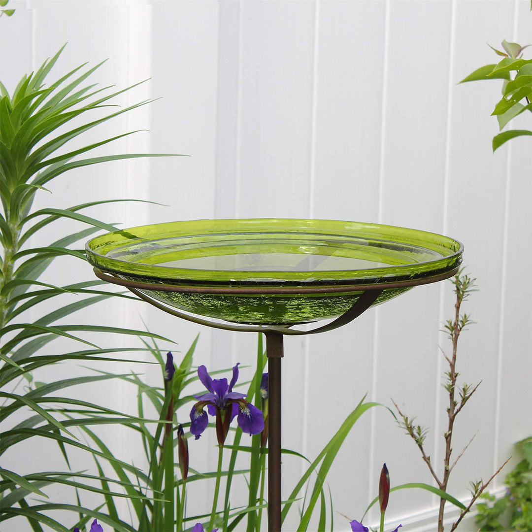 Achla Designs 14 Inch Hand Blown Crackle Glass Birdbath with Stake, Fern Green