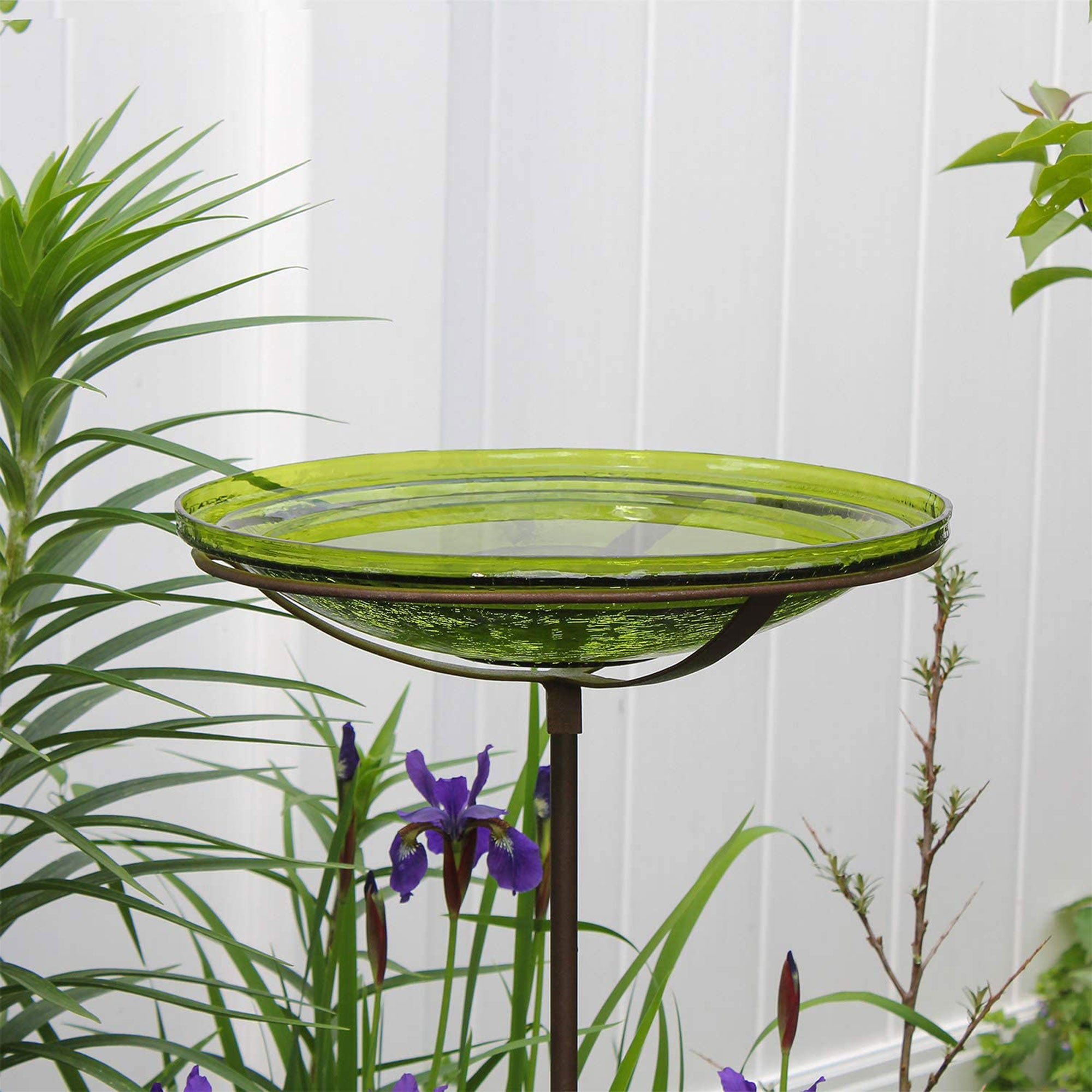 Achla Designs 14 Inch Hand Blown Crackle Glass Birdbath with Stake, Fern Green - VMInnovations