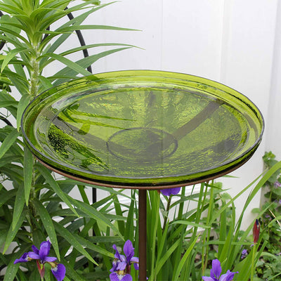 Achla Designs 14 Inch Hand Blown Crackle Glass Birdbath with Stake, Fern Green - VMInnovations