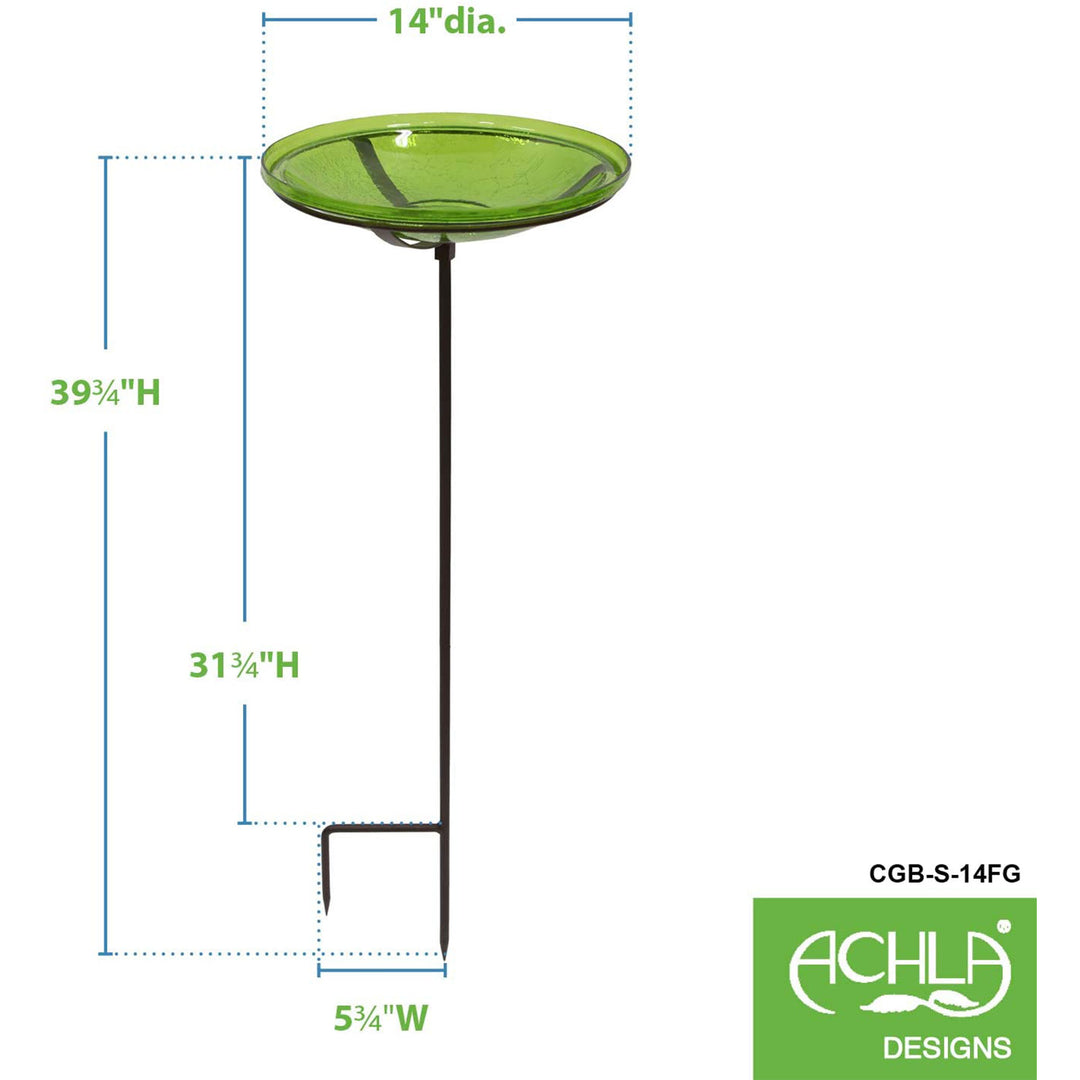 Achla Designs 14 Inch Hand Blown Crackle Glass Birdbath with Stake, Fern Green