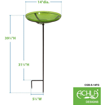 Achla Designs 14 Inch Hand Blown Crackle Glass Birdbath with Stake, Fern Green - VMInnovations