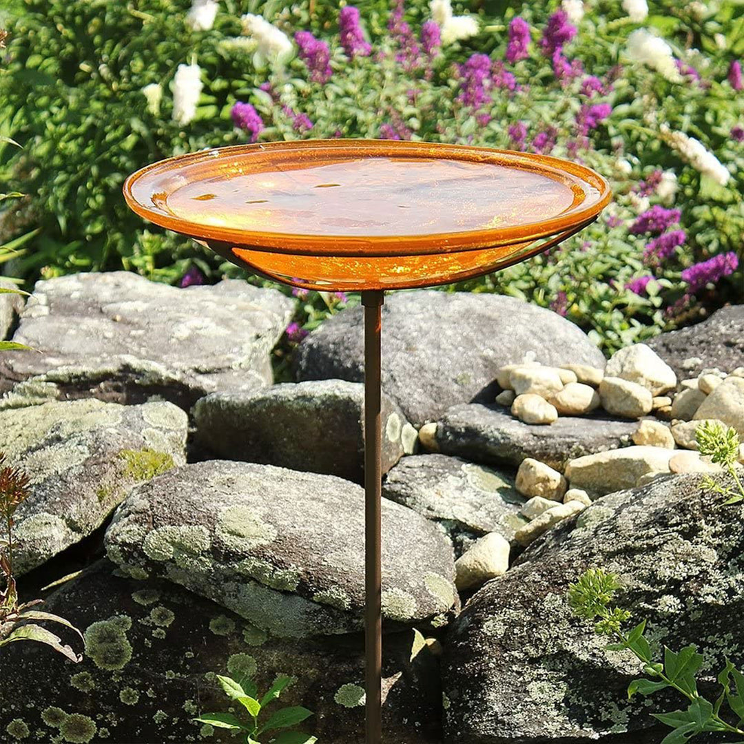 Achla Designs 14 Inch Hand Blown Glass Birdbath with Stake, Mandarin (Open Box)