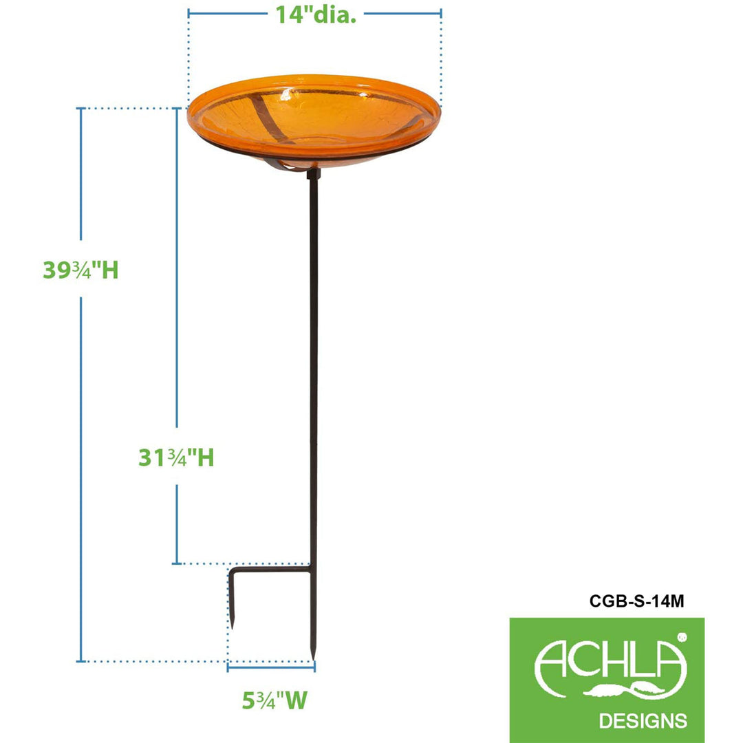 Achla Designs 14 Inch Hand Blown Glass Birdbath with Stake, Mandarin (Open Box)