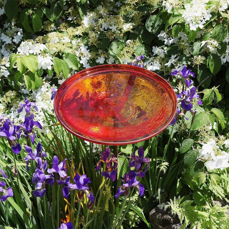 Achla Designs 14 Inch Hand Blown Crackle Glass Birdbath with Metal Stake, Red