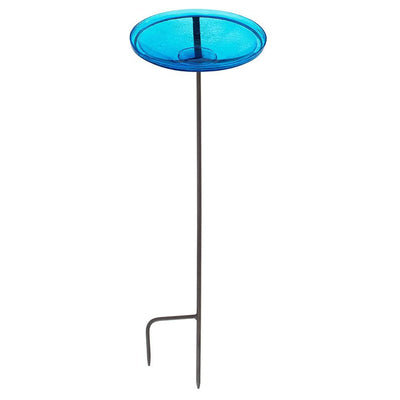 Achla Designs 14 Inch Hand Blown Crackle Glass Birdbath with Metal Stake, Teal