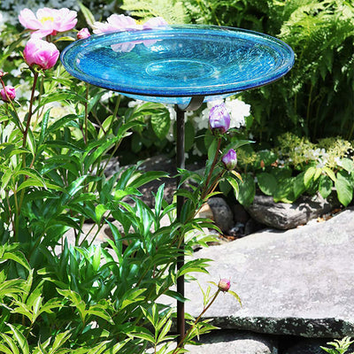 Achla Designs 14 Inch Hand Blown Crackle Glass Birdbath with Metal Stake, Teal